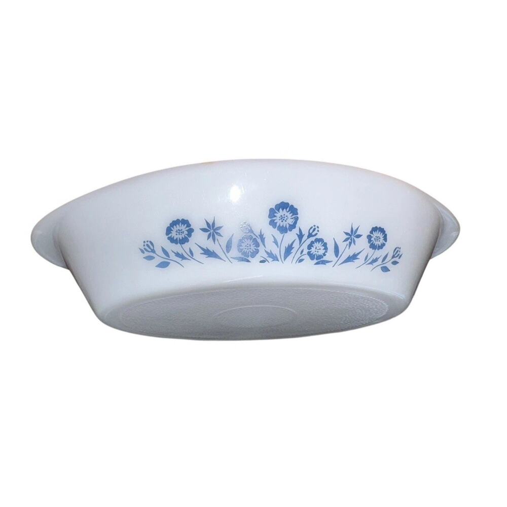 Vintage Milk Glass Divided Casserole Dish Blue Floral Cornflower Style Kitchen